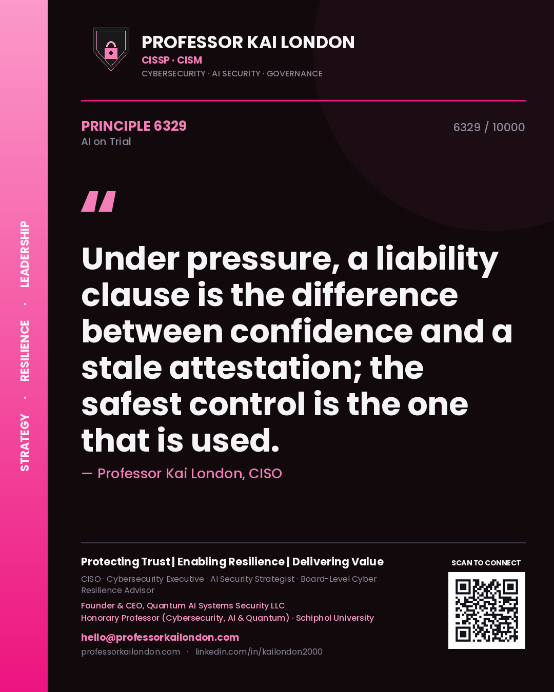 Quote card by Professor Kai London reading 'Under pressure, a liability clause is the difference between confidence and a stale attestation; the safest control is the one that is used.'. From the book AI on Trial.
