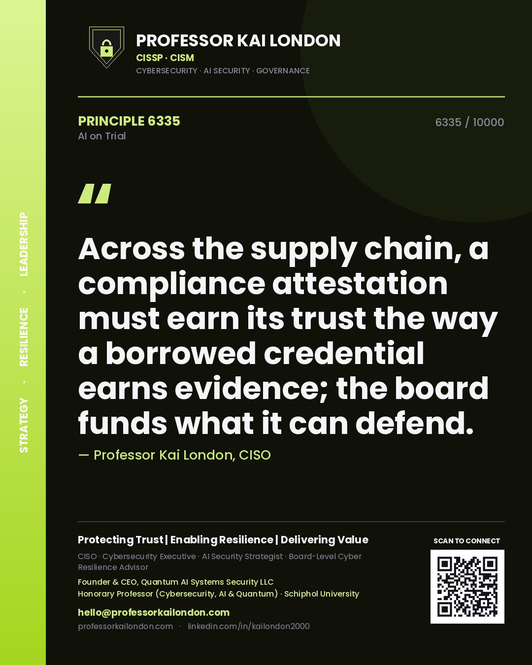 Quote card by Professor Kai London reading 'Across the supply chain, a compliance attestation must earn its trust the way a borrowed credential earns evidence; the board funds what it can defend.'. From the book AI on Trial.