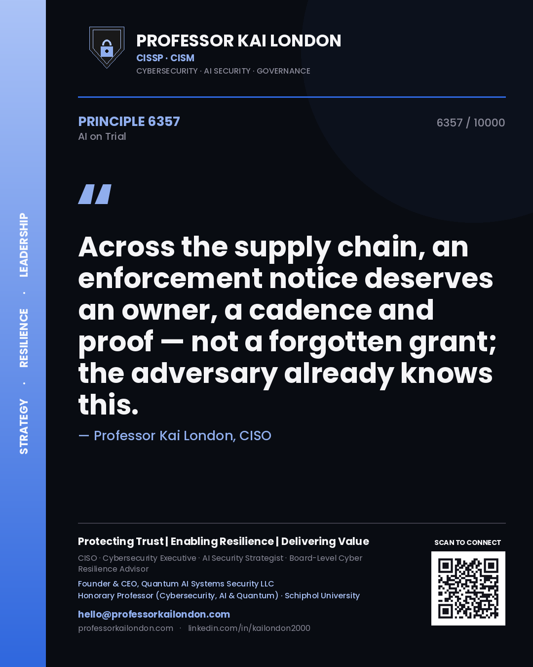 Quote card by Professor Kai London reading 'Across the supply chain, an enforcement notice deserves an owner, a cadence and proof — not a forgotten grant; the adversary already knows this.'. From the book AI on Trial.
