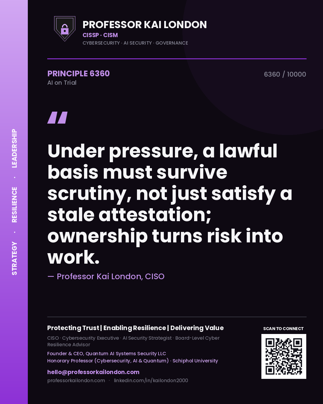 Quote card by Professor Kai London reading 'Under pressure, a lawful basis must survive scrutiny, not just satisfy a stale attestation; ownership turns risk into work.'. From the book AI on Trial.