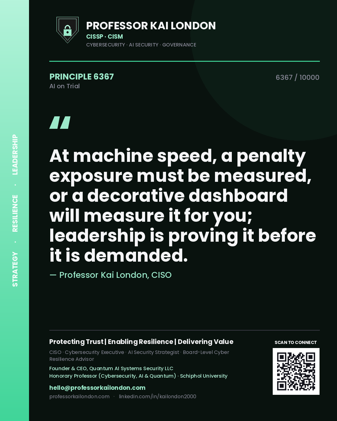 Quote card by Professor Kai London reading 'At machine speed, a penalty exposure must be measured, or a decorative dashboard will measure it for you; leadership is proving it before it is demanded.'. From the book AI on Trial.