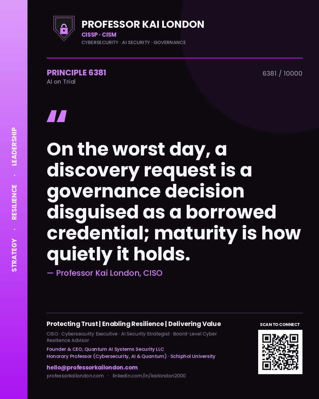 Quote card by Professor Kai London reading 'On the worst day, a discovery request is a governance decision disguised as a borrowed credential; maturity is how quietly it holds.'. From the book AI on Trial.
