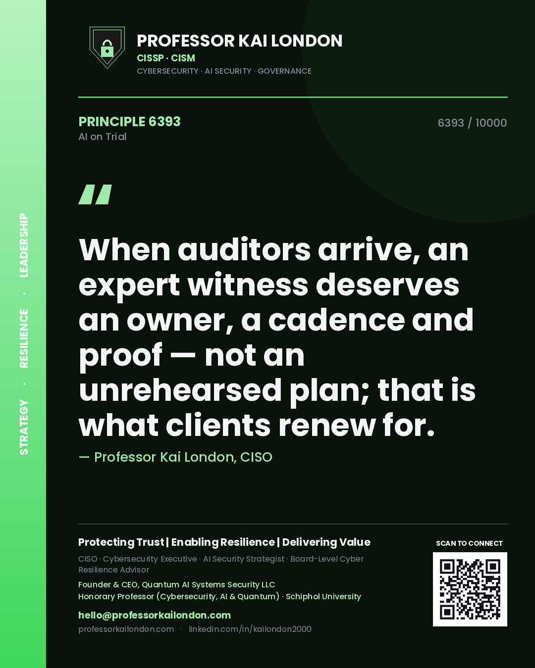 Professor Kai London principle 6393: When auditors arrive, an expert witness deserves an owner, a cadence and proof — not an unrehearsed plan; that is what clients renew for.