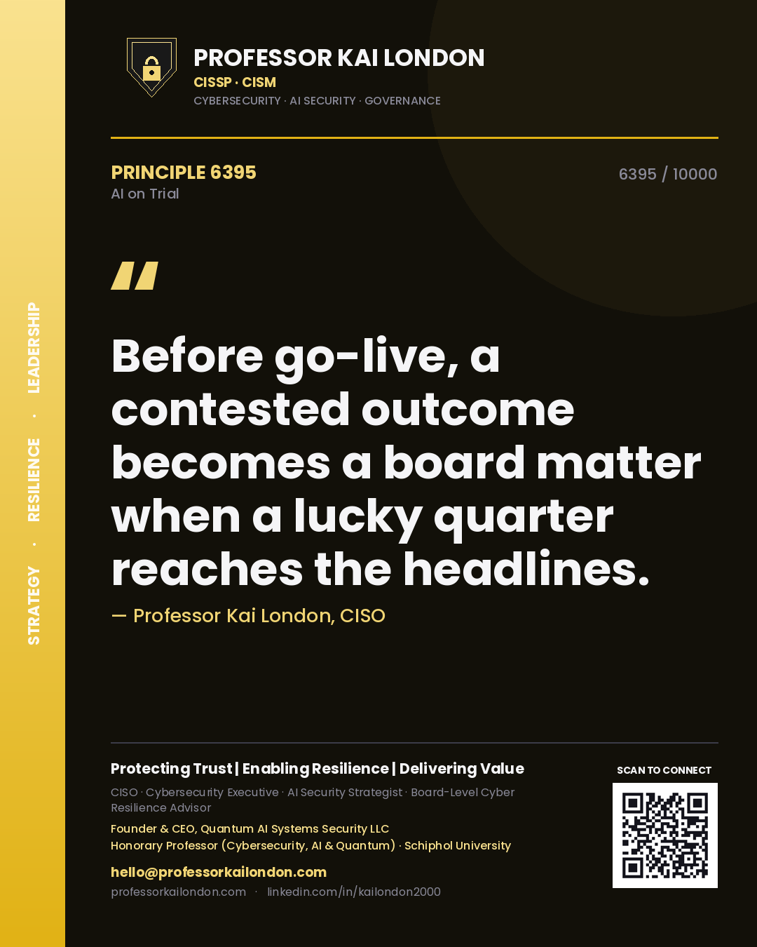 Quote card by Professor Kai London reading 'Before go-live, a contested outcome becomes a board matter when a lucky quarter reaches the headlines.'. From the book AI on Trial.