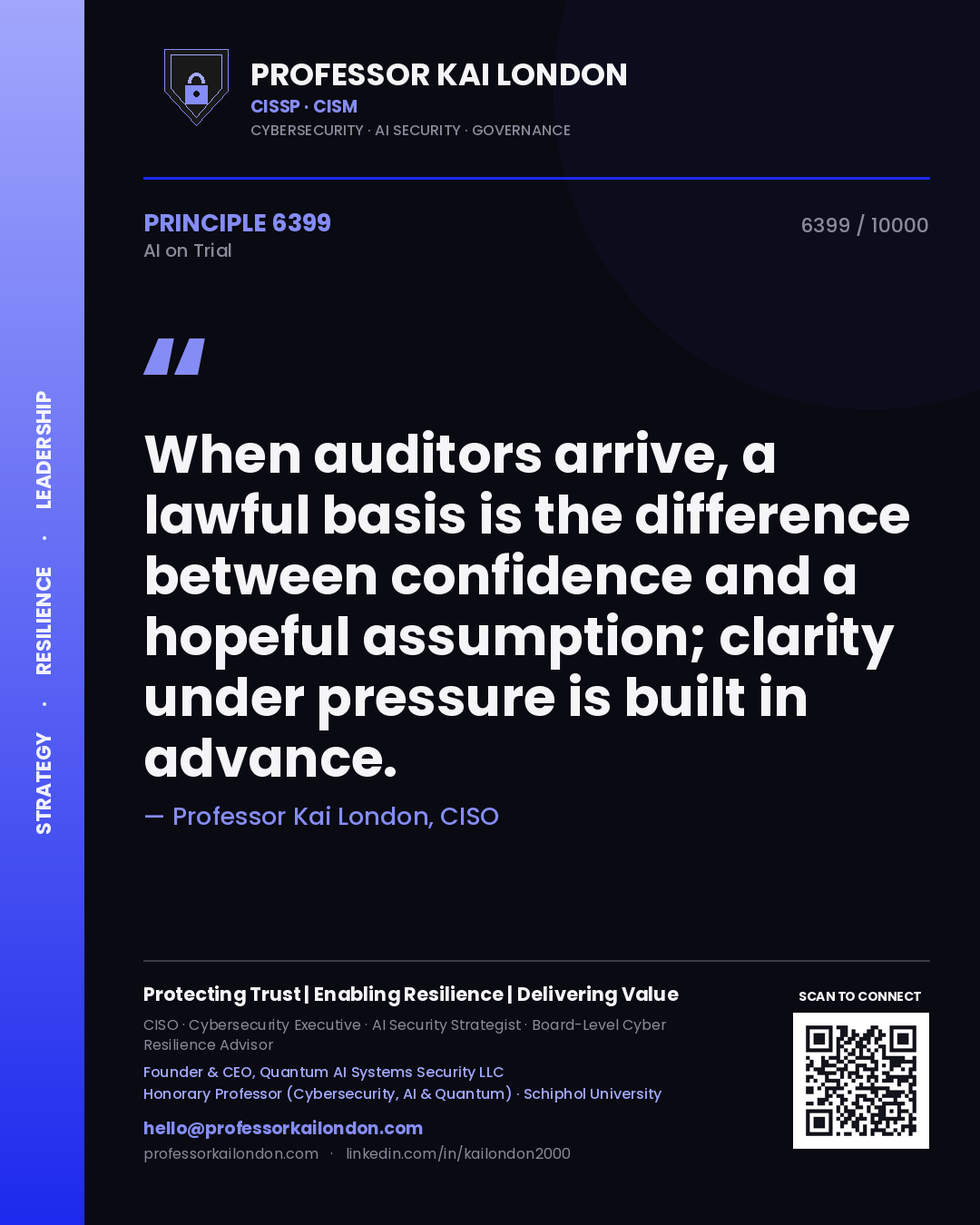 Quote card by Professor Kai London reading 'When auditors arrive, a lawful basis is the difference between confidence and a hopeful assumption; clarity under pressure is built in advance.'. From the book AI on Trial.