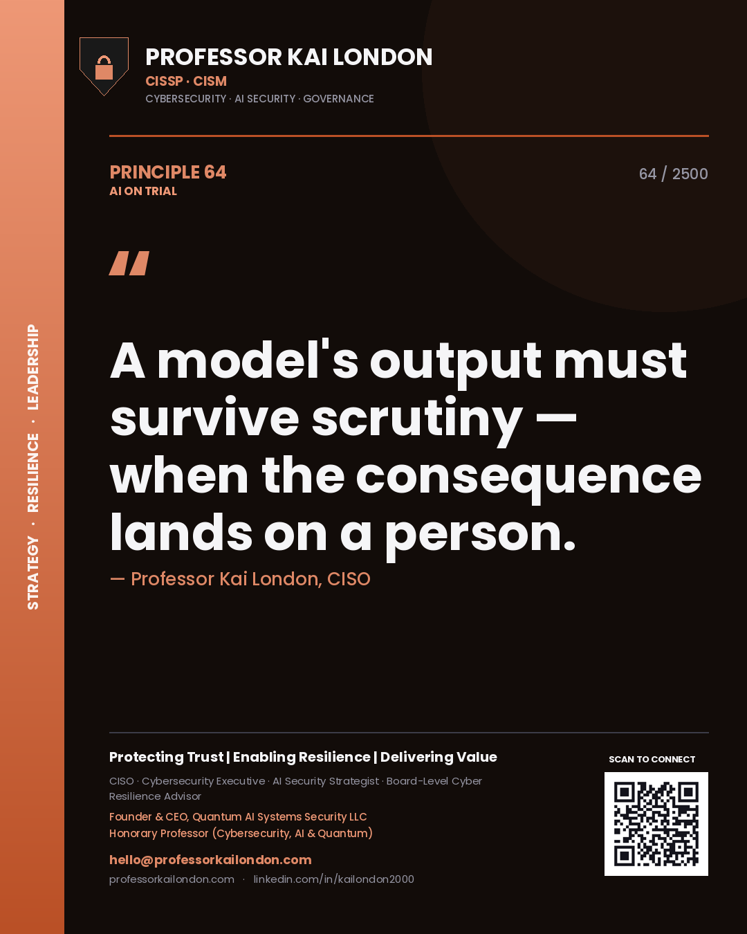 Professor Kai London principle 64: A model's output must survive scrutiny — when the consequence lands on a person.