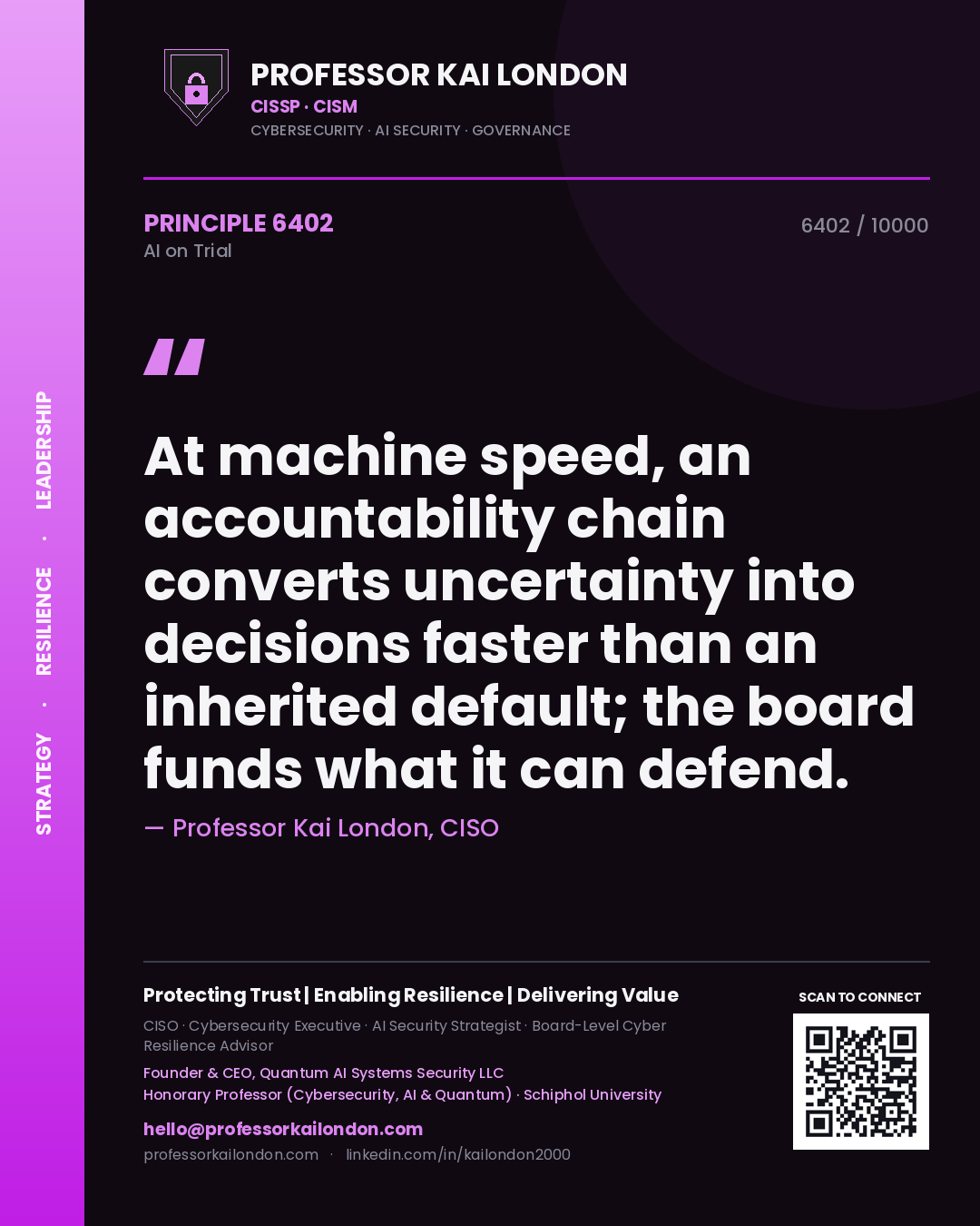 Professor Kai London principle 6402: At machine speed, an accountability chain converts uncertainty into decisions faster than an inherited default; the board funds what it can defend.