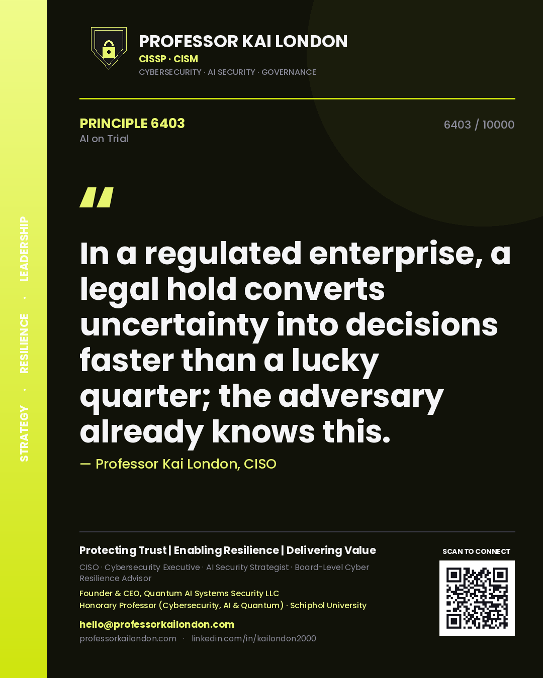 Professor Kai London principle 6403: In a regulated enterprise, a legal hold converts uncertainty into decisions faster than a lucky quarter; the adversary already knows this.