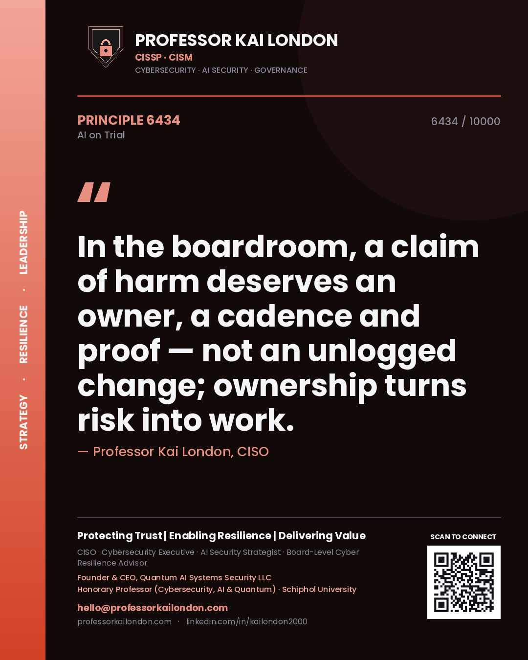 Professor Kai London principle 6434: In the boardroom, a claim of harm deserves an owner, a cadence and proof — not an unlogged change; ownership turns risk into work.