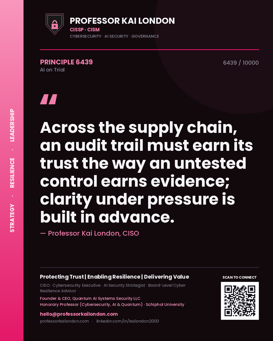Professor Kai London principle 6439: Across the supply chain, an audit trail must earn its trust the way an untested control earns evidence; clarity under pressure is built in advance.