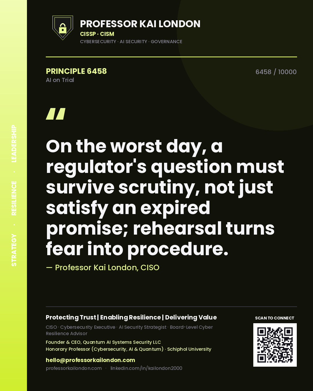 Quote card by Professor Kai London reading 'On the worst day, a regulator's question must survive scrutiny, not just satisfy an expired promise; rehearsal turns fear into procedure.'. From the book AI on Trial.