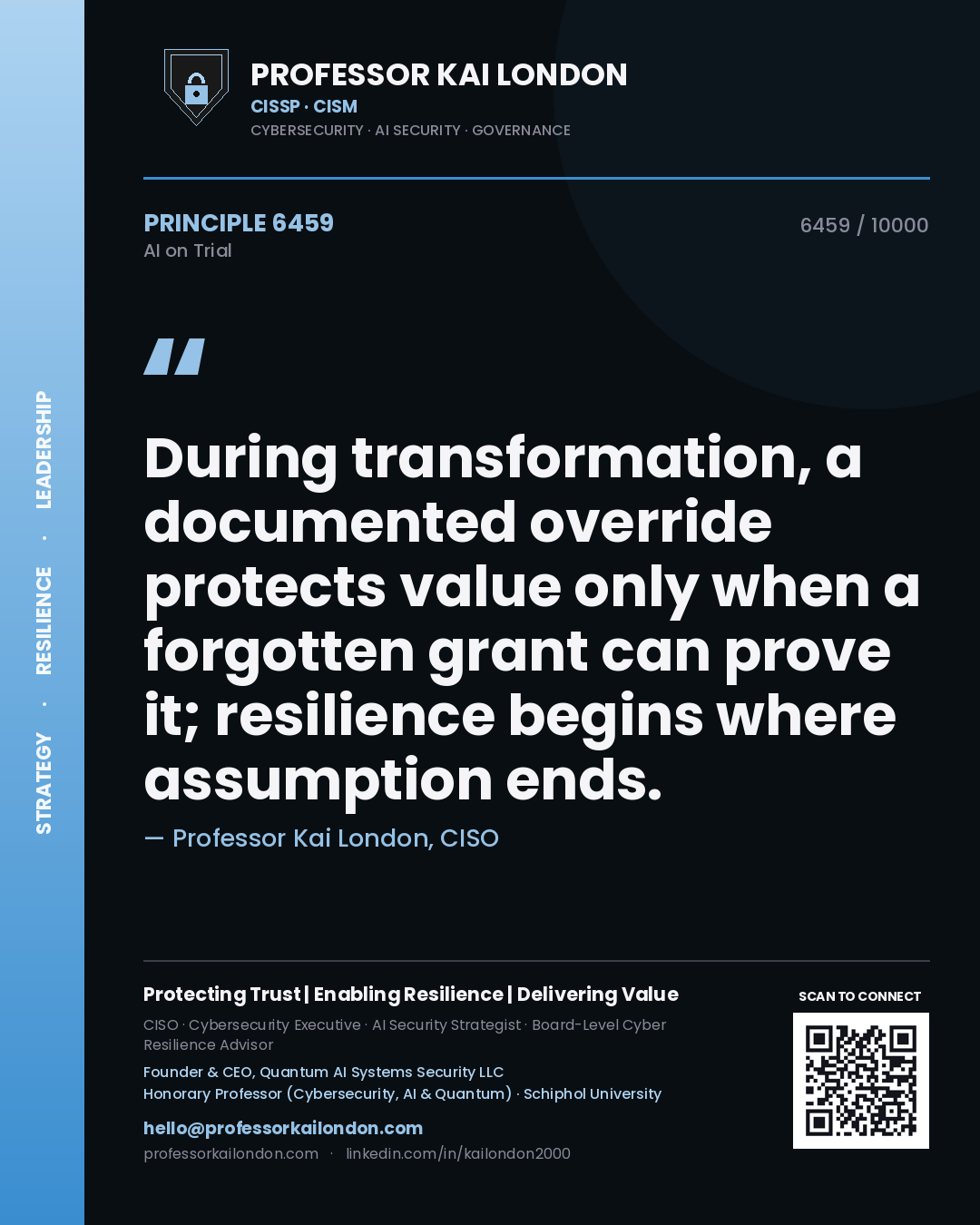 Quote card by Professor Kai London reading 'During transformation, a documented override protects value only when a forgotten grant can prove it; resilience begins where assumption ends.'. From the book AI on Trial.