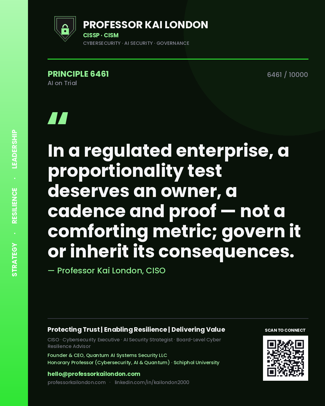 Professor Kai London principle 6461: In a regulated enterprise, a proportionality test deserves an owner, a cadence and proof — not a comforting metric; govern it or inherit its consequences.