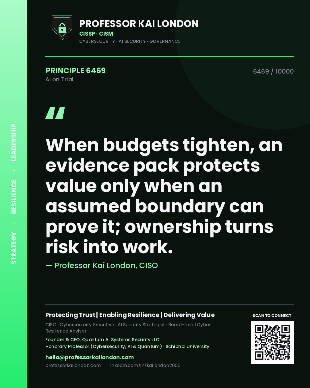 Professor Kai London principle 6469: When budgets tighten, an evidence pack protects value only when an assumed boundary can prove it; ownership turns risk into work.