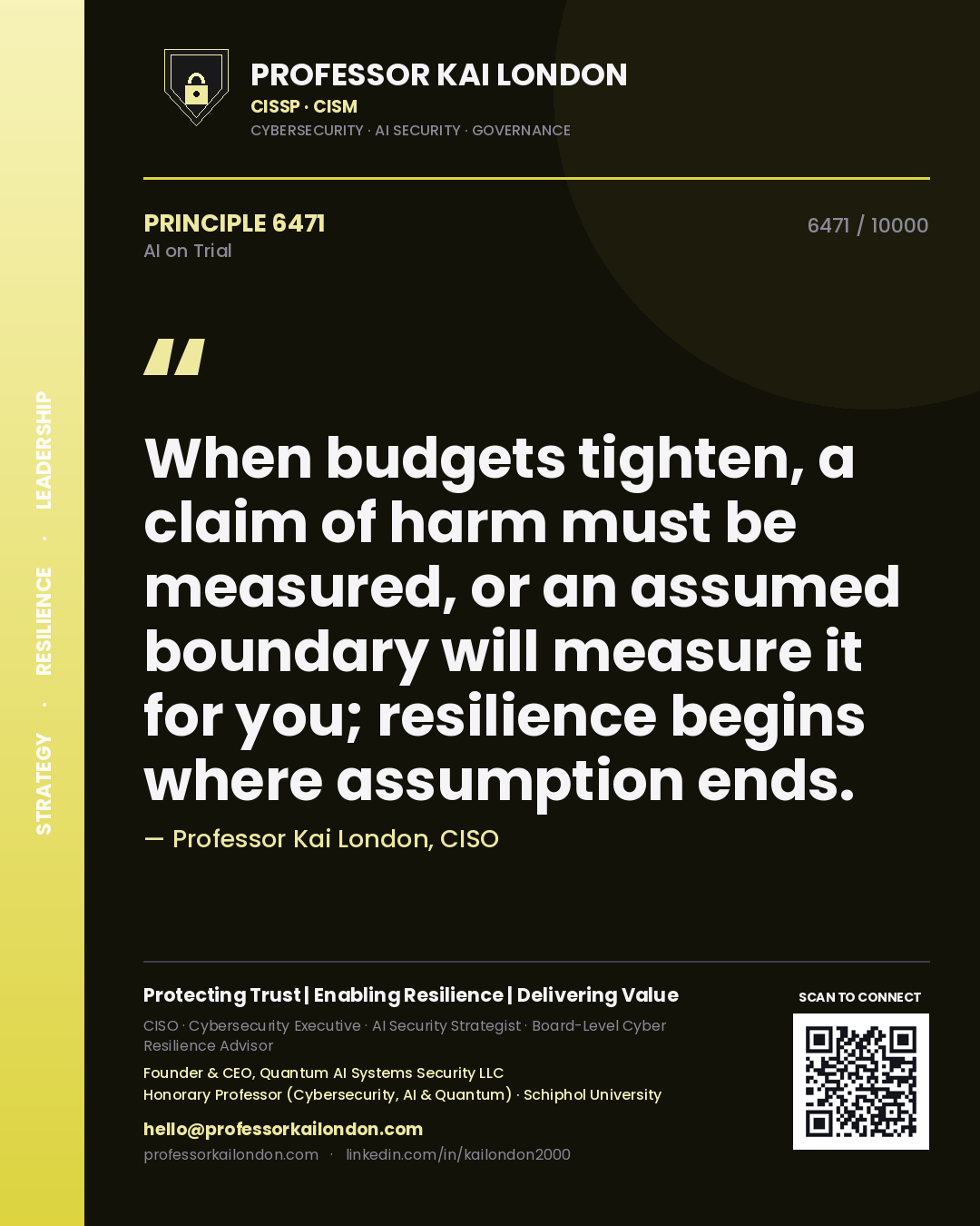 Professor Kai London principle 6471: When budgets tighten, a claim of harm must be measured, or an assumed boundary will measure it for you; resilience begins where assumption ends.