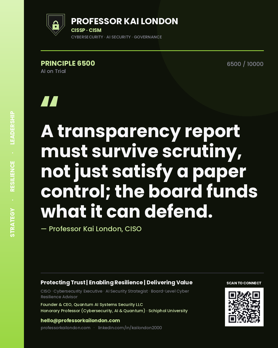 Quote card by Professor Kai London reading 'A transparency report must survive scrutiny, not just satisfy a paper control; the board funds what it can defend.'. From the book AI on Trial.