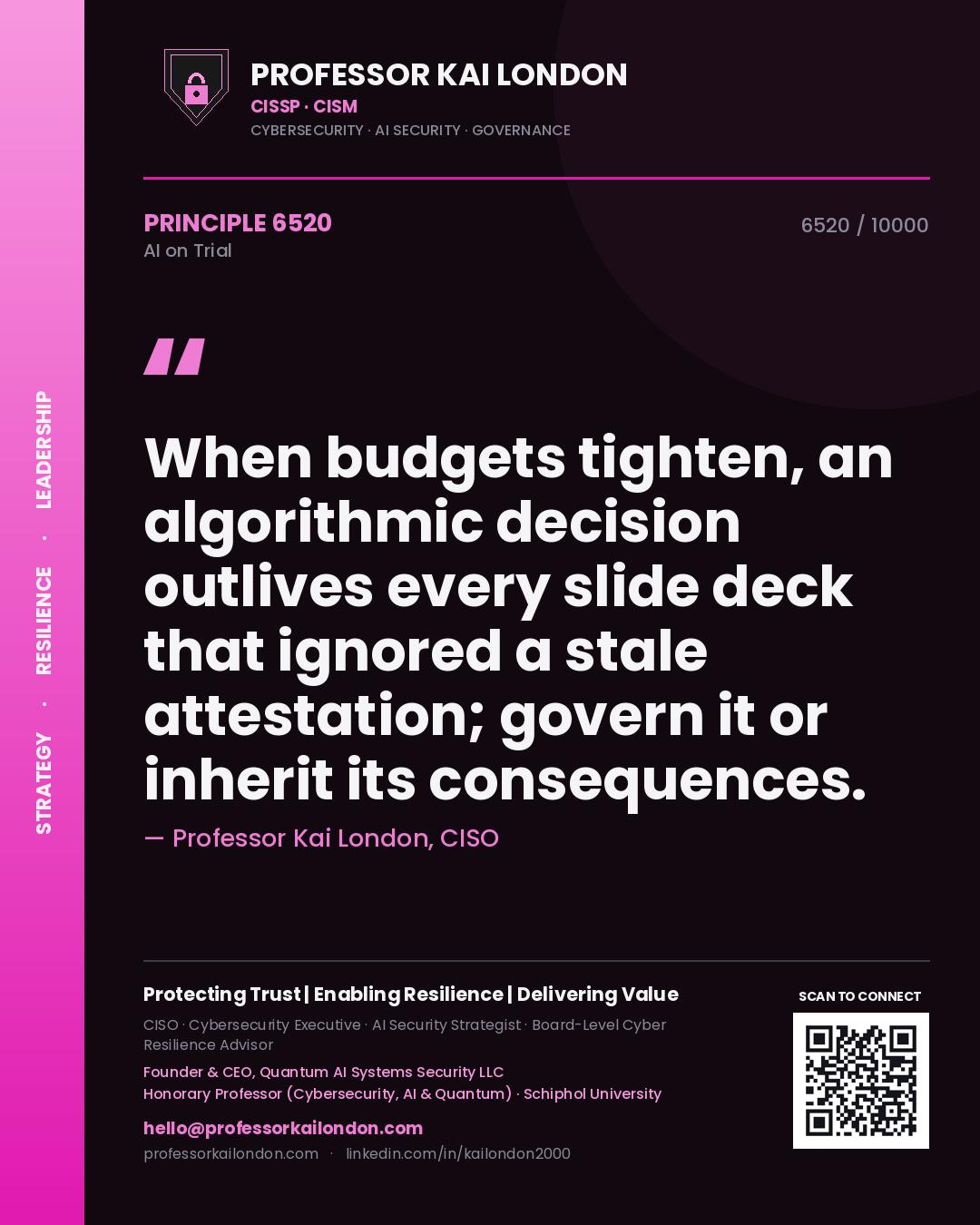 Professor Kai London principle 6520: When budgets tighten, an algorithmic decision outlives every slide deck that ignored a stale attestation; govern it or inherit its consequences.