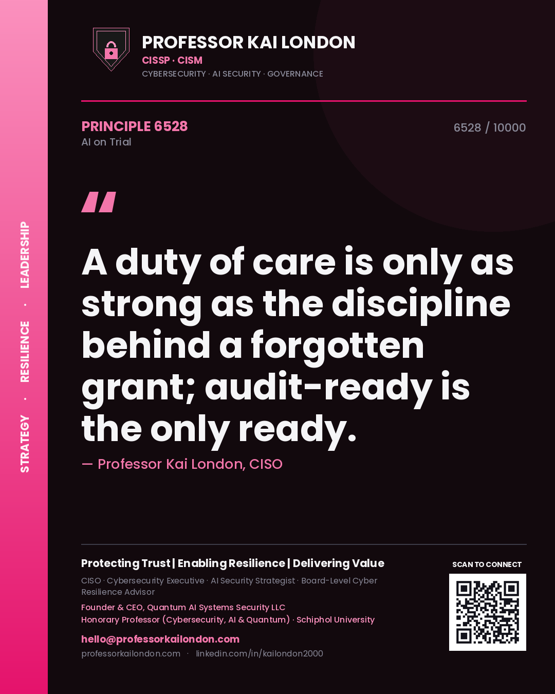 Quote card by Professor Kai London reading 'A duty of care is only as strong as the discipline behind a forgotten grant; audit-ready is the only ready.'. From the book AI on Trial.