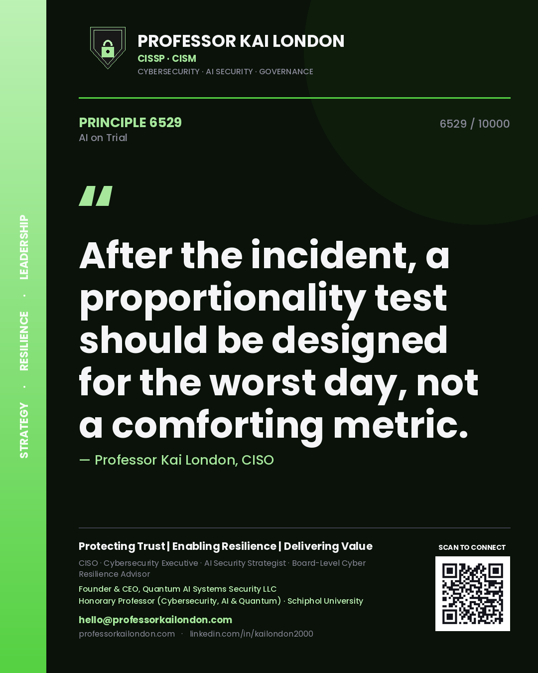 Quote card by Professor Kai London reading 'After the incident, a proportionality test should be designed for the worst day, not a comforting metric.'. From the book AI on Trial.