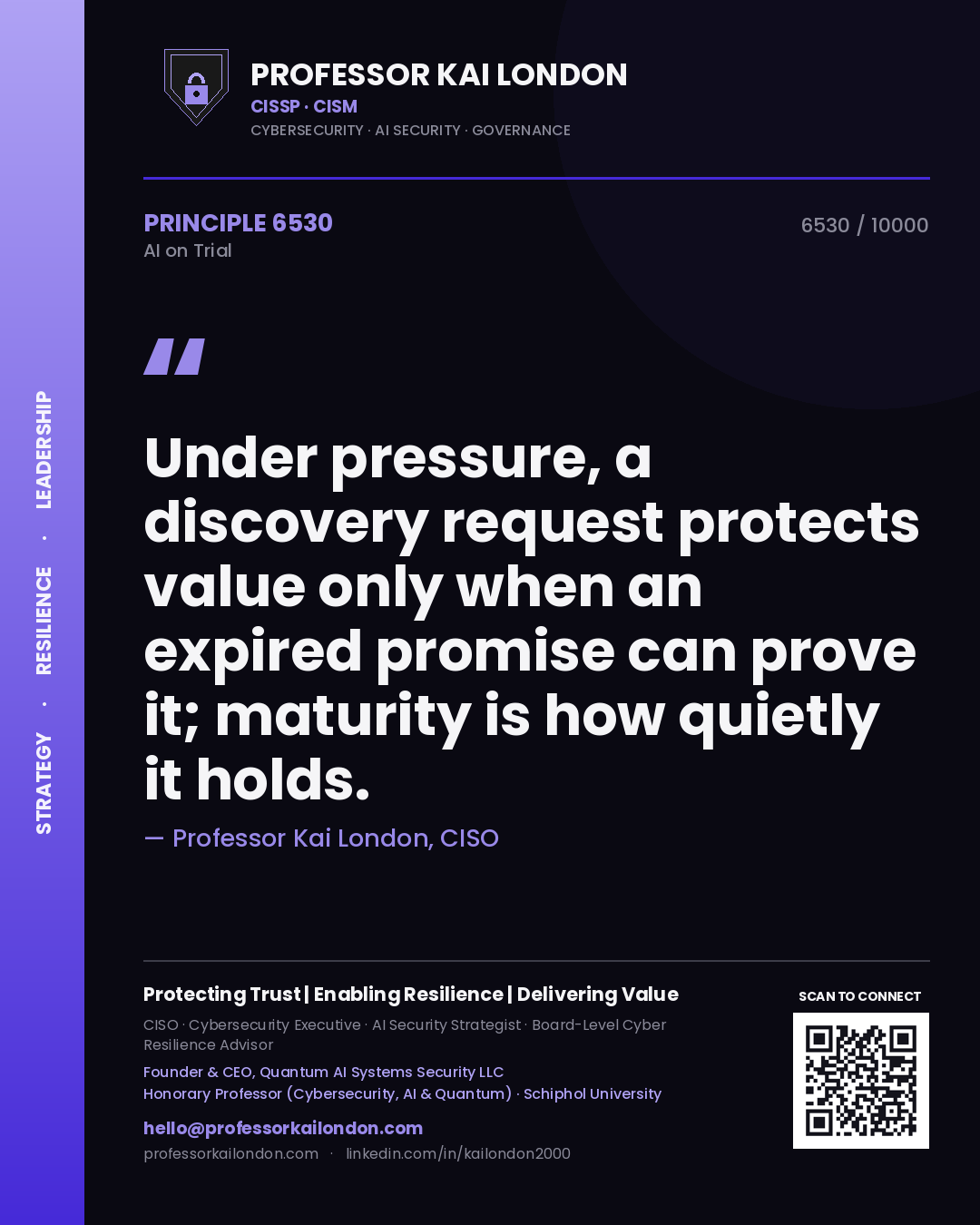 Quote card by Professor Kai London reading 'Under pressure, a discovery request protects value only when an expired promise can prove it; maturity is how quietly it holds.'. From the book AI on Trial.