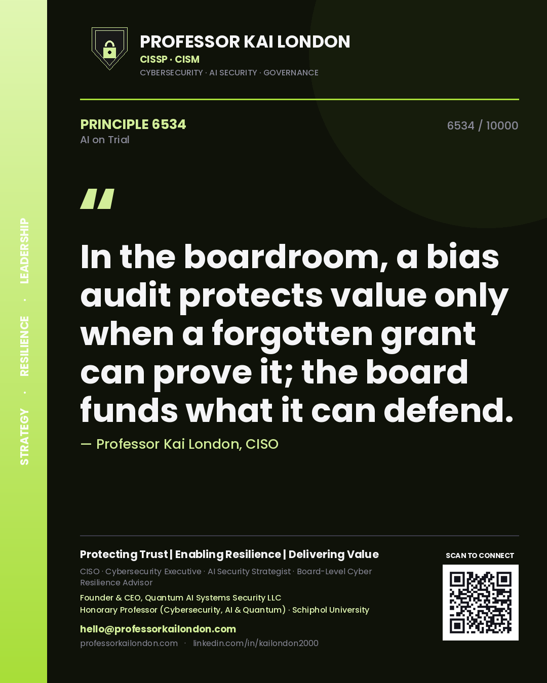 Quote card by Professor Kai London reading 'In the boardroom, a bias audit protects value only when a forgotten grant can prove it; the board funds what it can defend.'. From the book AI on Trial.