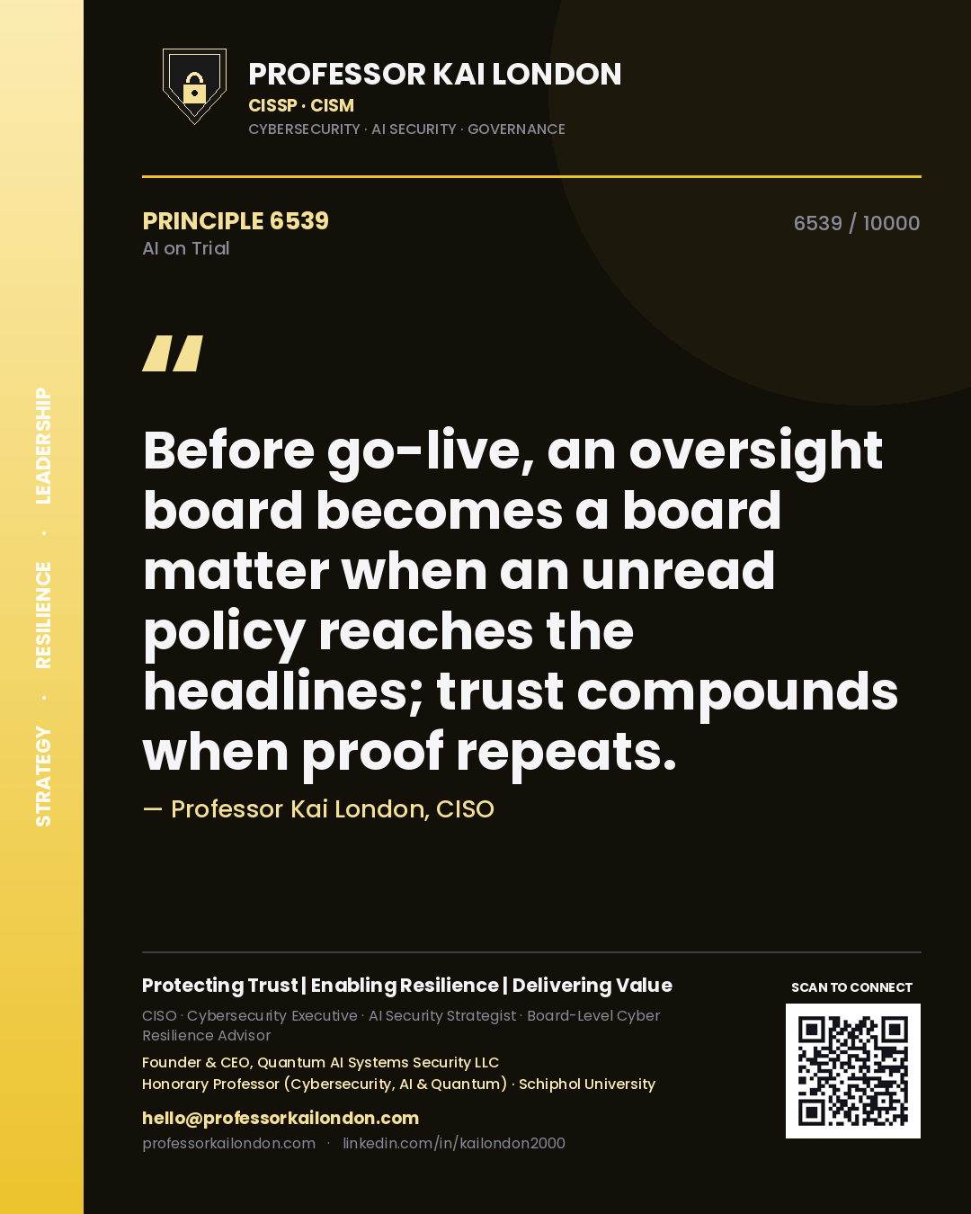 Quote card by Professor Kai London reading 'Before go-live, an oversight board becomes a board matter when an unread policy reaches the headlines; trust compounds when proof repeats.'. From the book AI on Trial.