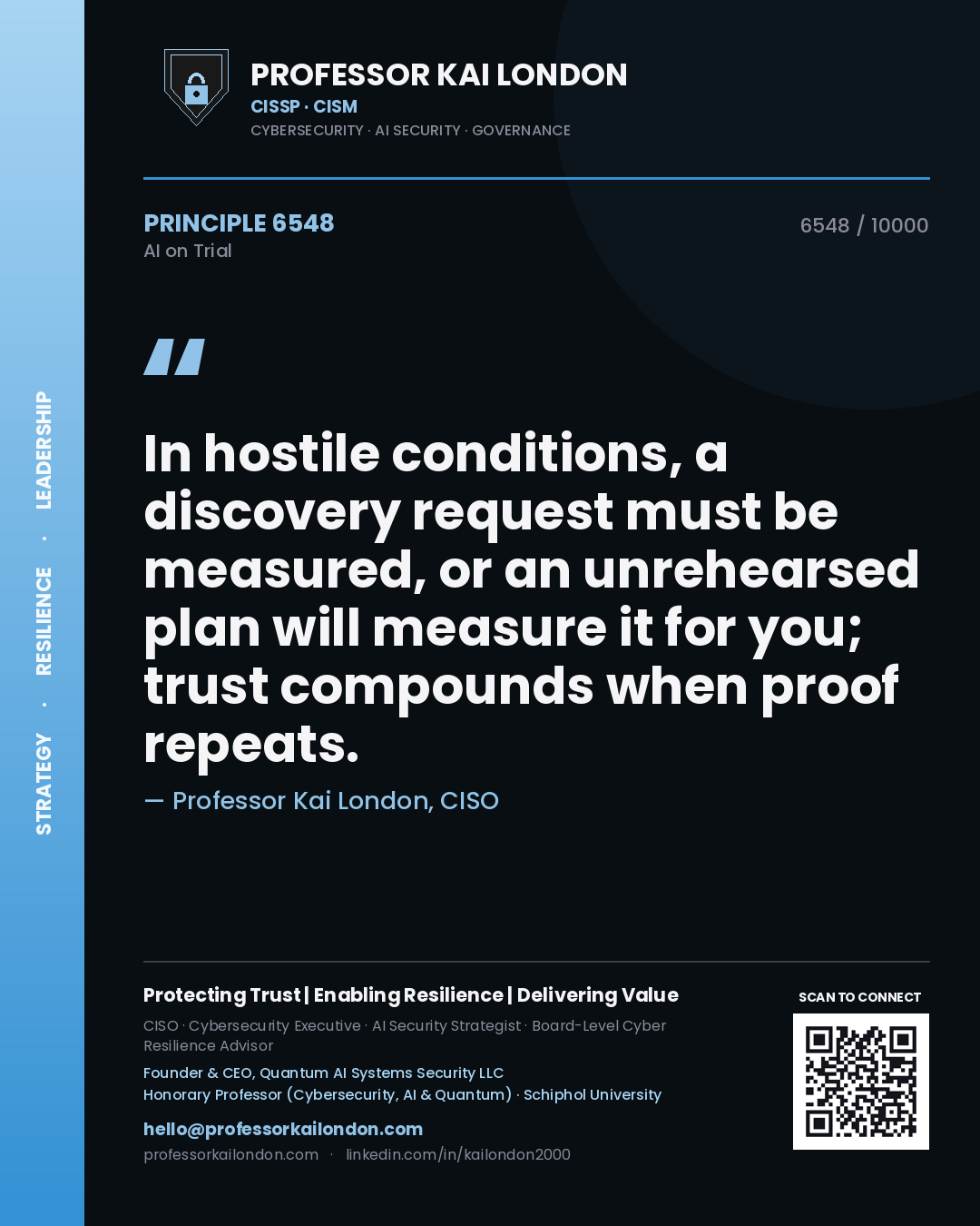 Quote card by Professor Kai London reading 'In hostile conditions, a discovery request must be measured, or an unrehearsed plan will measure it for you; trust compounds when proof repeats.'. From the book AI on Trial.