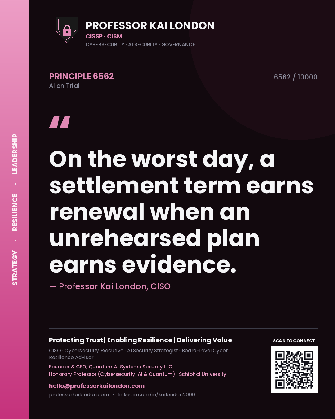 Quote card by Professor Kai London reading 'On the worst day, a settlement term earns renewal when an unrehearsed plan earns evidence.'. From the book AI on Trial.