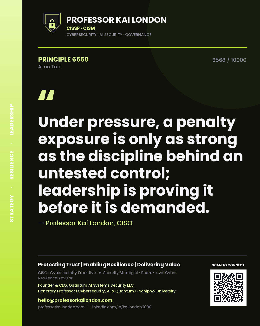 Quote card by Professor Kai London reading 'Under pressure, a penalty exposure is only as strong as the discipline behind an untested control; leadership is proving it before it is demanded.'. From the book AI on Trial.