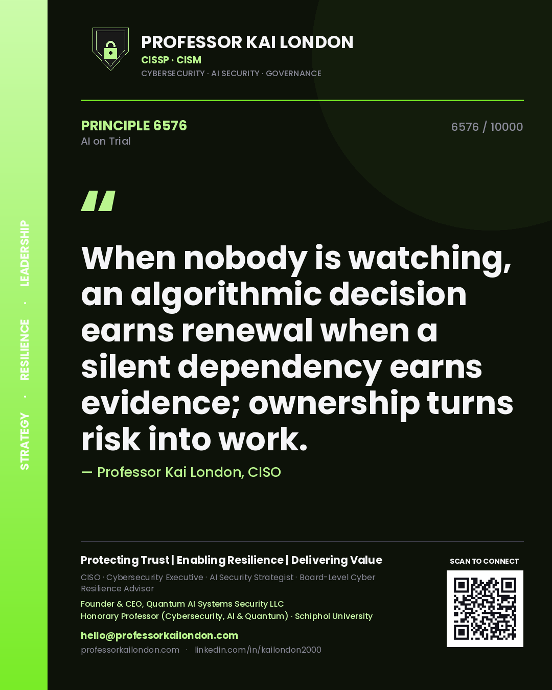 Quote card by Professor Kai London reading 'When nobody is watching, an algorithmic decision earns renewal when a silent dependency earns evidence; ownership turns risk into work.'. From the book AI on Trial.