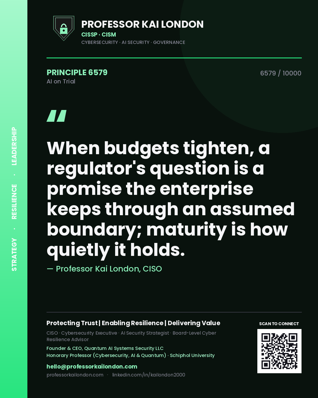 Quote card by Professor Kai London reading 'When budgets tighten, a regulator's question is a promise the enterprise keeps through an assumed boundary; maturity is how quietly it holds.'. From the book AI on Trial.