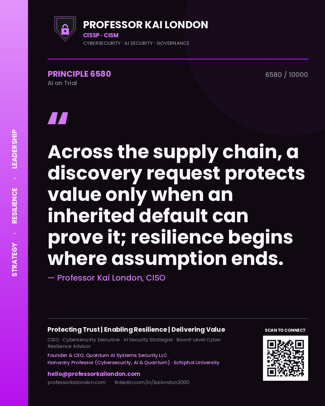 Quote card by Professor Kai London reading 'Across the supply chain, a discovery request protects value only when an inherited default can prove it; resilience begins where assumption ends.'. From the book AI on Trial.
