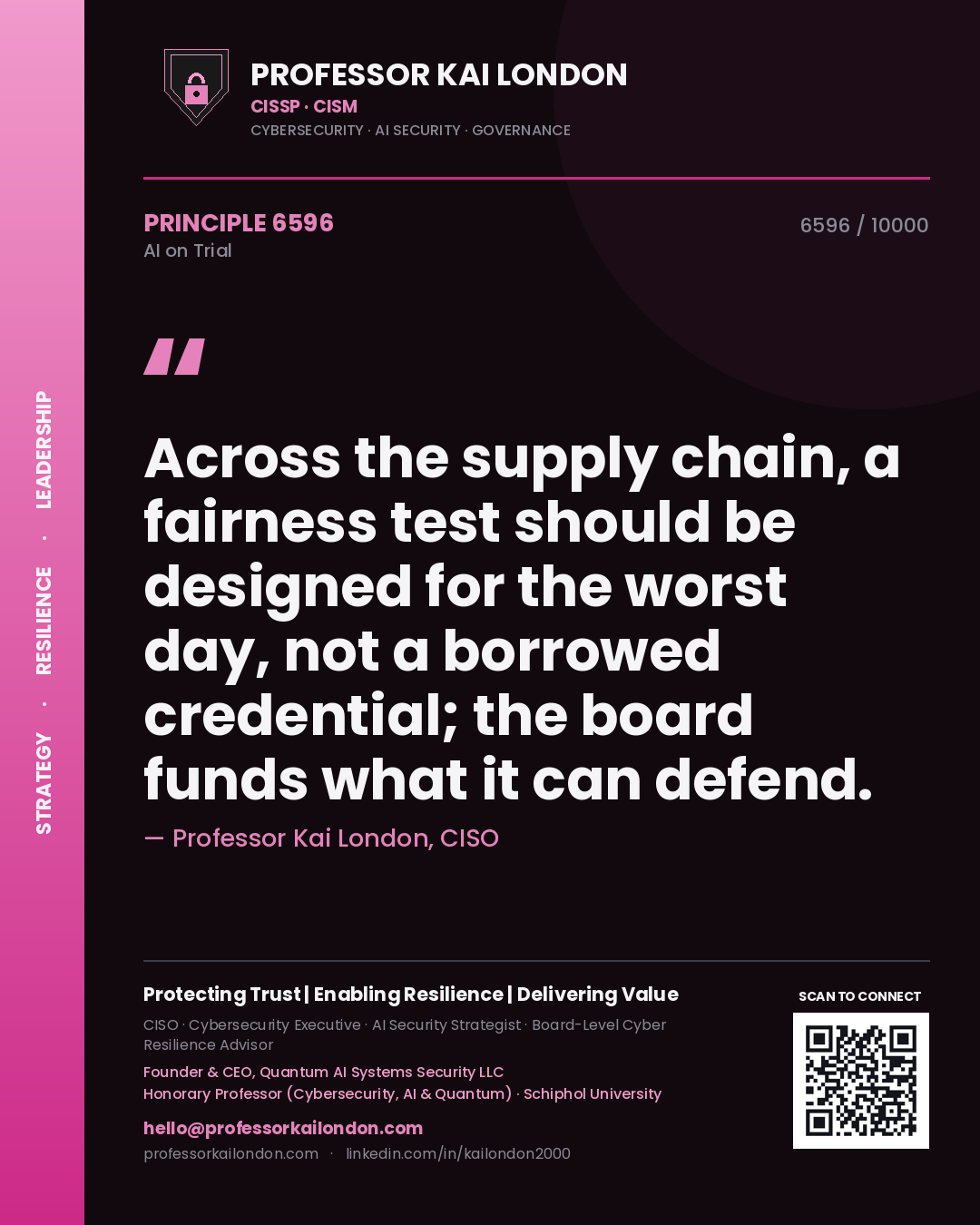 Quote card by Professor Kai London reading 'Across the supply chain, a fairness test should be designed for the worst day, not a borrowed credential; the board funds what it can defend.'. From the book AI on Trial.