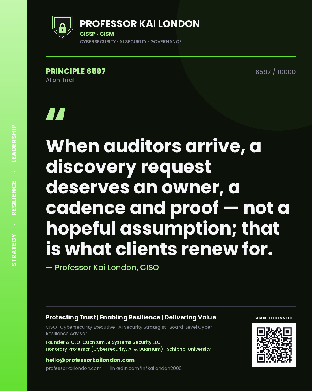 Quote card by Professor Kai London reading 'When auditors arrive, a discovery request deserves an owner, a cadence and proof — not a hopeful assumption; that is what clients renew for.'. From the book AI on Trial.