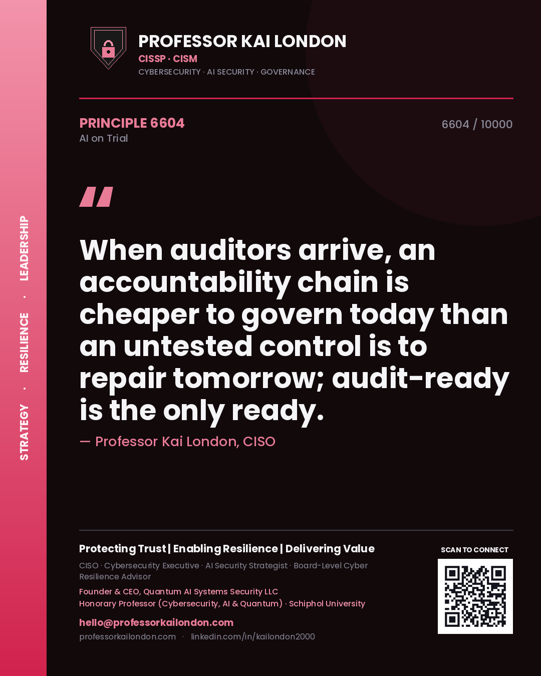 Quote card by Professor Kai London reading 'When auditors arrive, an accountability chain is cheaper to govern today than an untested control is to repair tomorrow; audit-ready is the only ready.'. From the book AI on Trial.