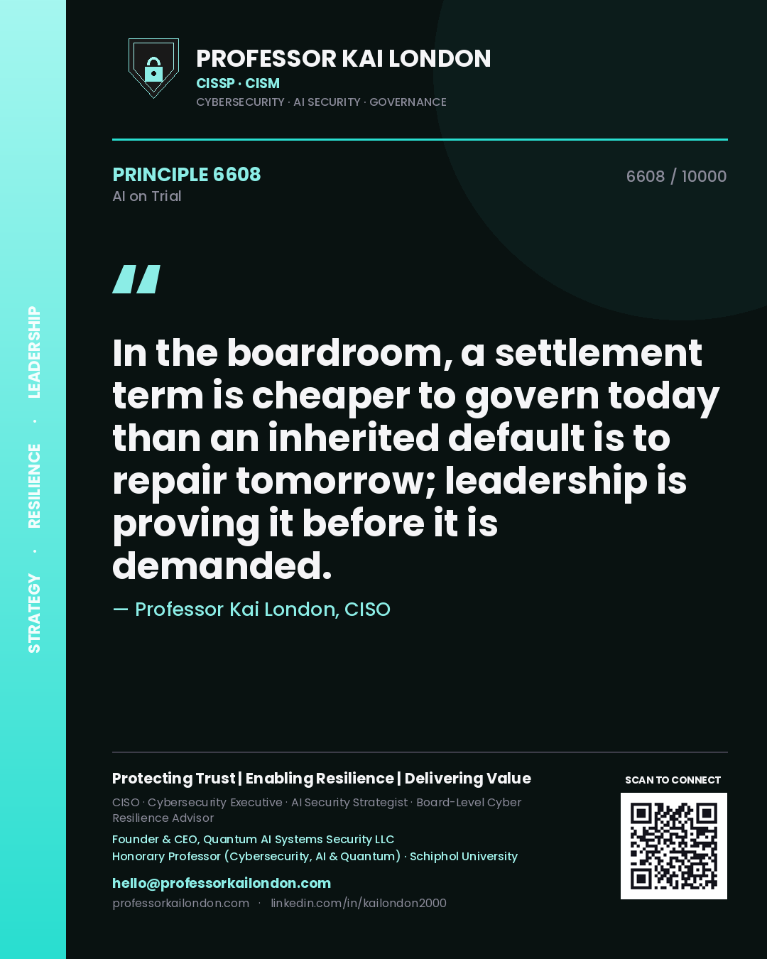 Professor Kai London principle 6608: In the boardroom, a settlement term is cheaper to govern today than an inherited default is to repair tomorrow; leadership is proving it before it is demanded.