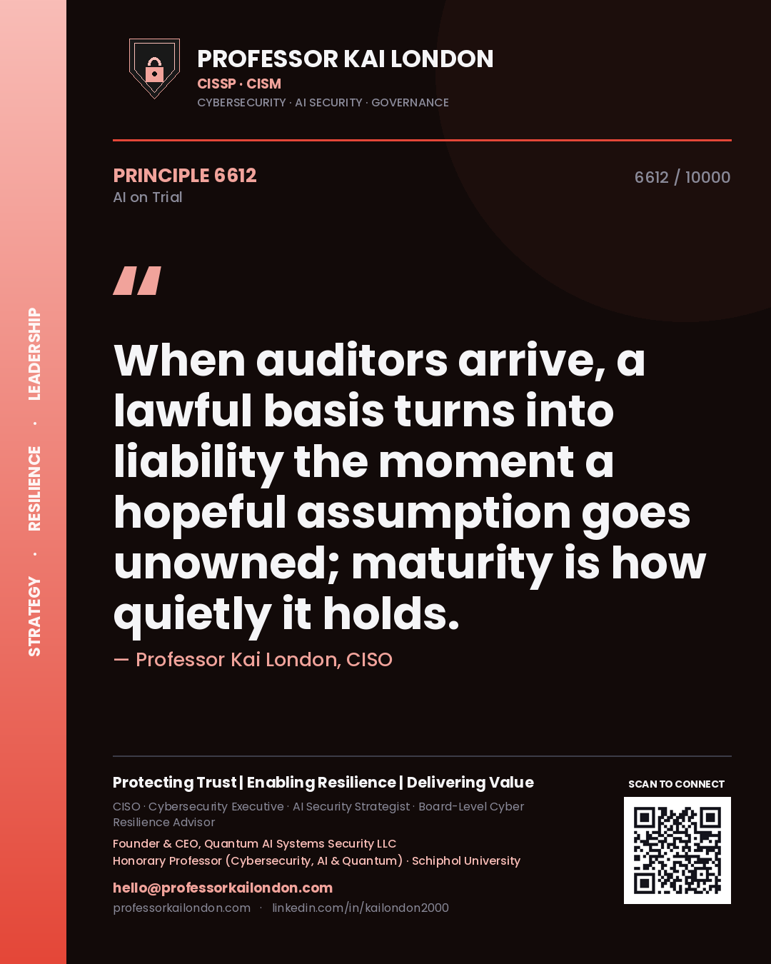 Quote card by Professor Kai London reading 'When auditors arrive, a lawful basis turns into liability the moment a hopeful assumption goes unowned; maturity is how quietly it holds.'. From the book AI on Trial.