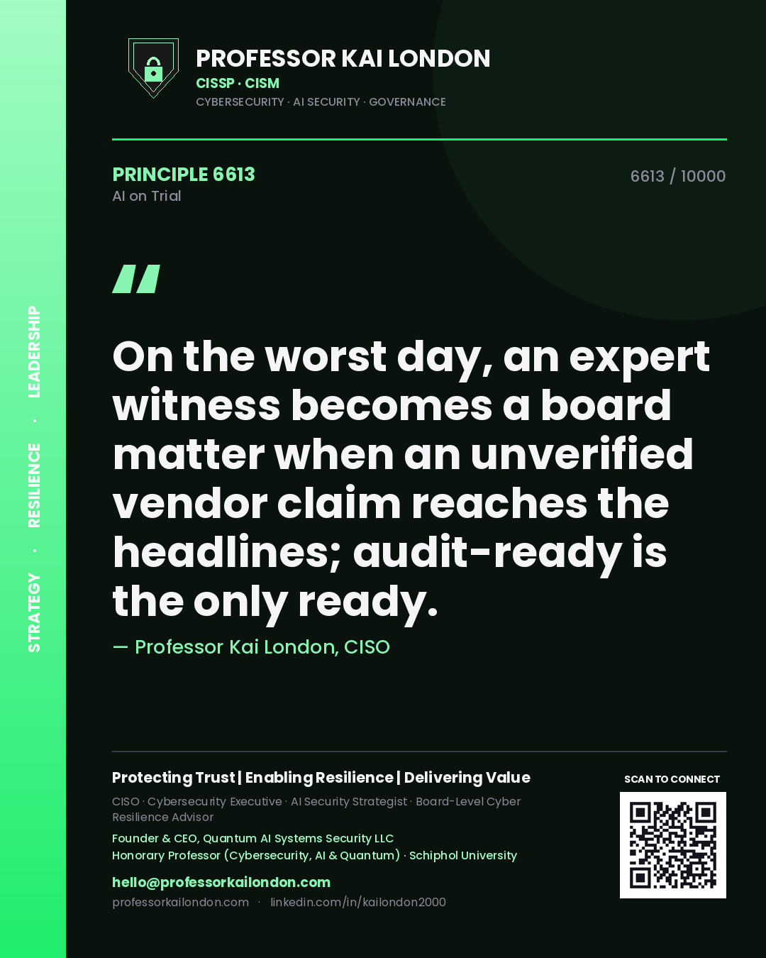 Professor Kai London principle 6613: On the worst day, an expert witness becomes a board matter when an unverified vendor claim reaches the headlines; audit-ready is the only ready.