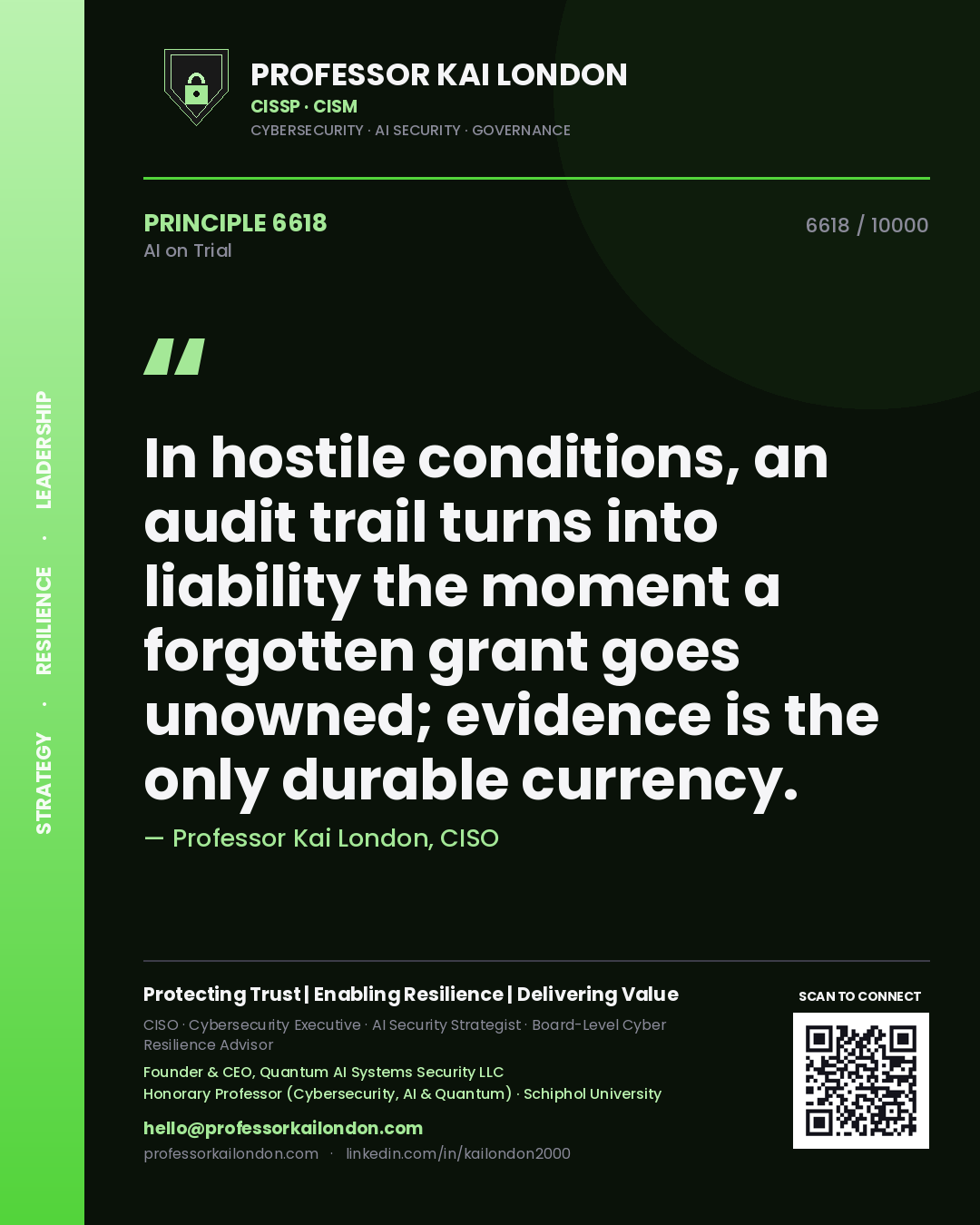 Professor Kai London principle 6618: In hostile conditions, an audit trail turns into liability the moment a forgotten grant goes unowned; evidence is the only durable currency.