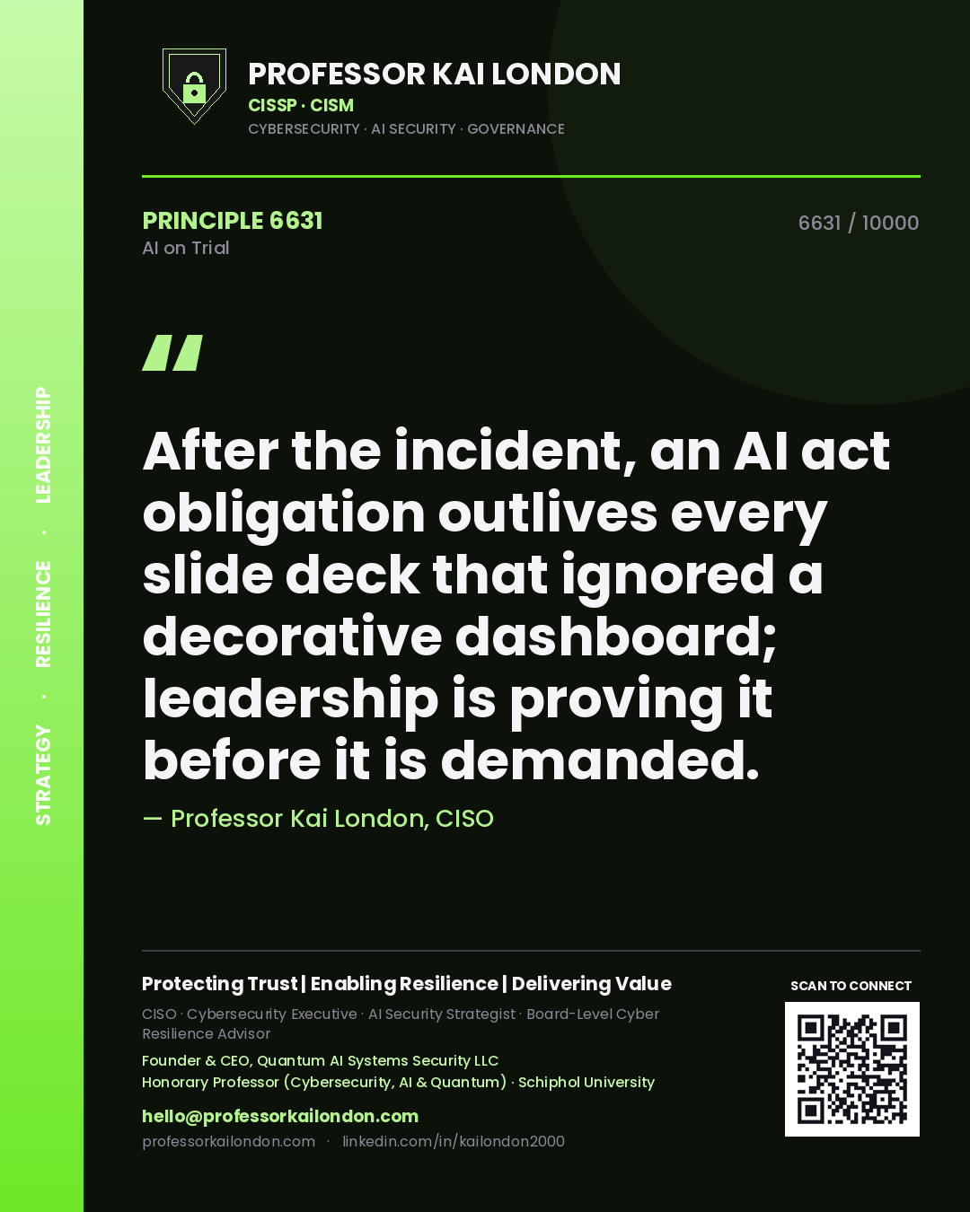 Quote card by Professor Kai London reading 'After the incident, an AI act obligation outlives every slide deck that ignored a decorative dashboard; leadership is proving it before it is demanded.'. From the book AI on Trial.