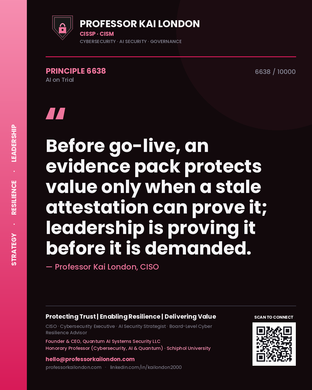 Quote card by Professor Kai London reading 'Before go-live, an evidence pack protects value only when a stale attestation can prove it; leadership is proving it before it is demanded.'. From the book AI on Trial.