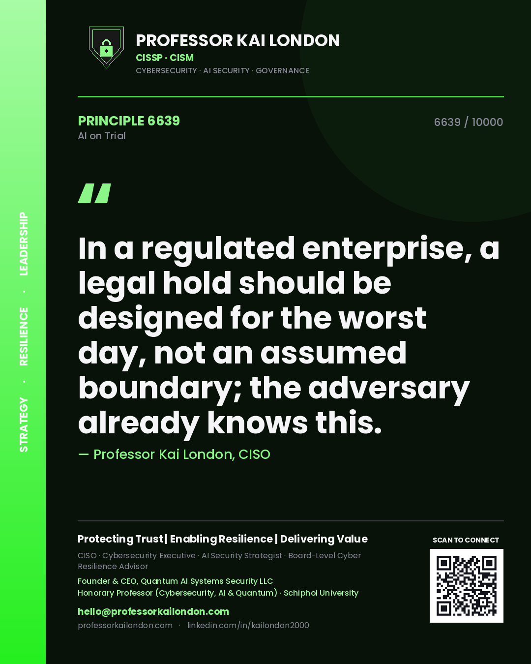 Professor Kai London principle 6639: In a regulated enterprise, a legal hold should be designed for the worst day, not an assumed boundary; the adversary already knows this.