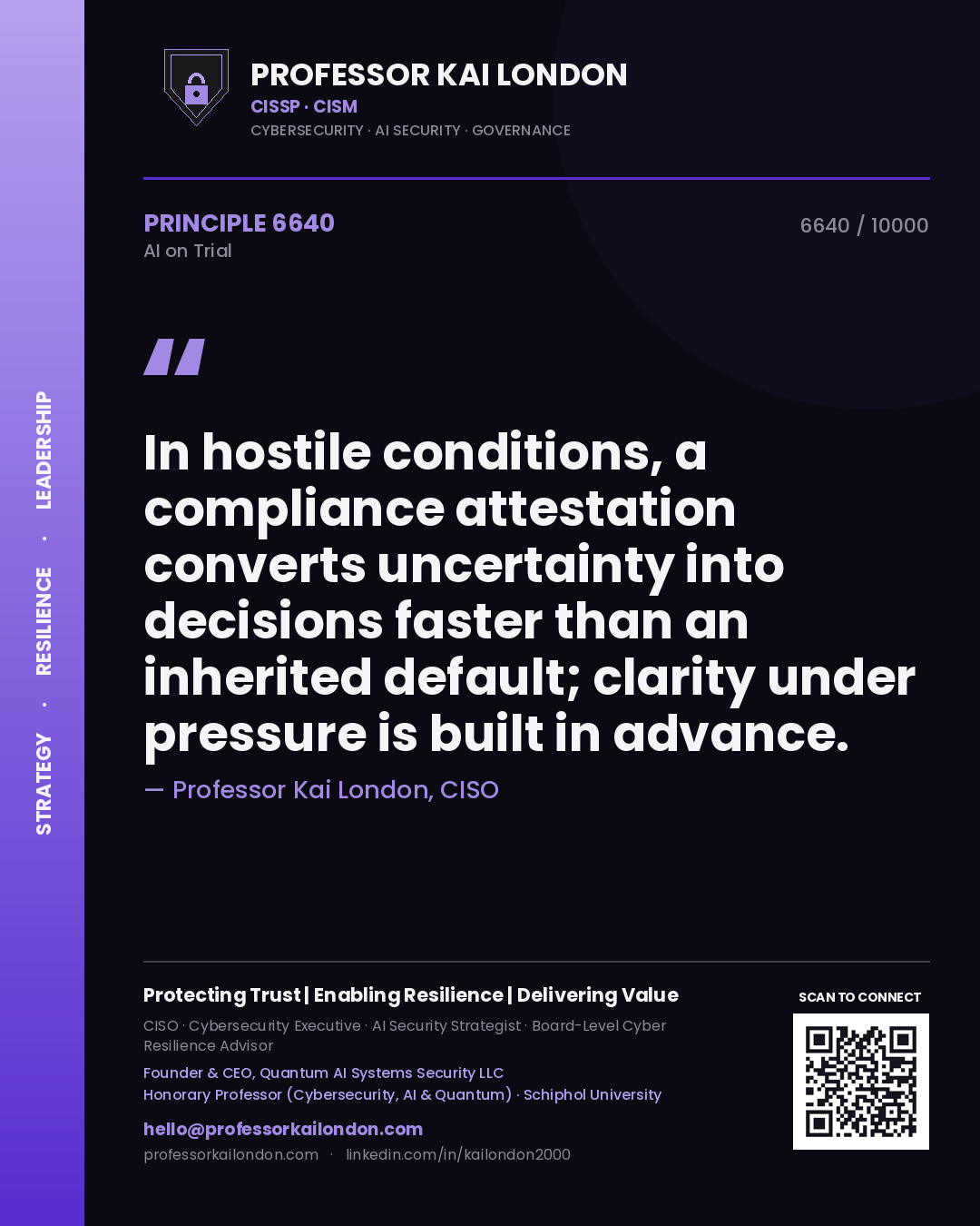 Quote card by Professor Kai London reading 'In hostile conditions, a compliance attestation converts uncertainty into decisions faster than an inherited default; clarity under pressure is built in advance.'. From the book AI on Trial.