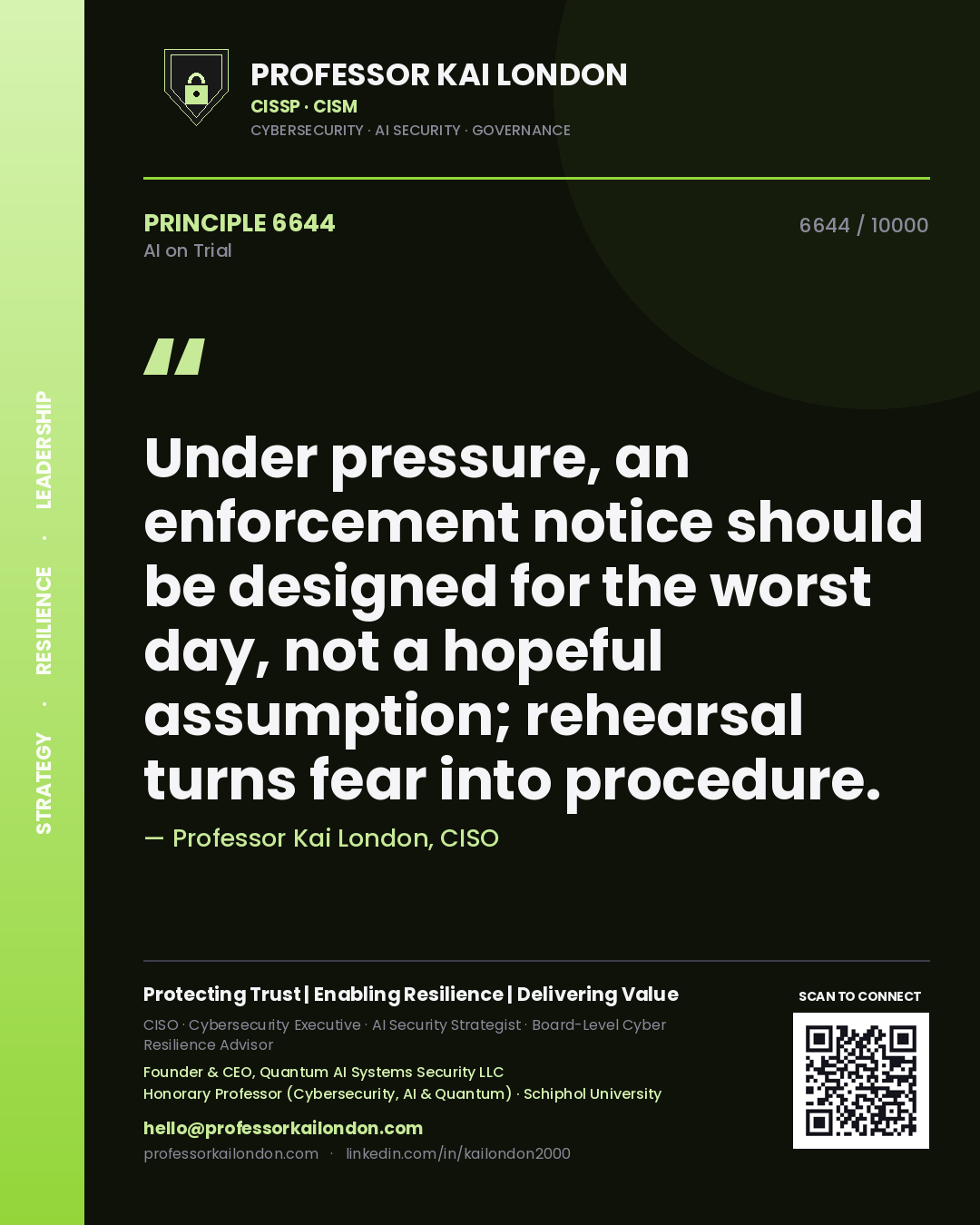 Quote card by Professor Kai London reading 'Under pressure, an enforcement notice should be designed for the worst day, not a hopeful assumption; rehearsal turns fear into procedure.'. From the book AI on Trial.