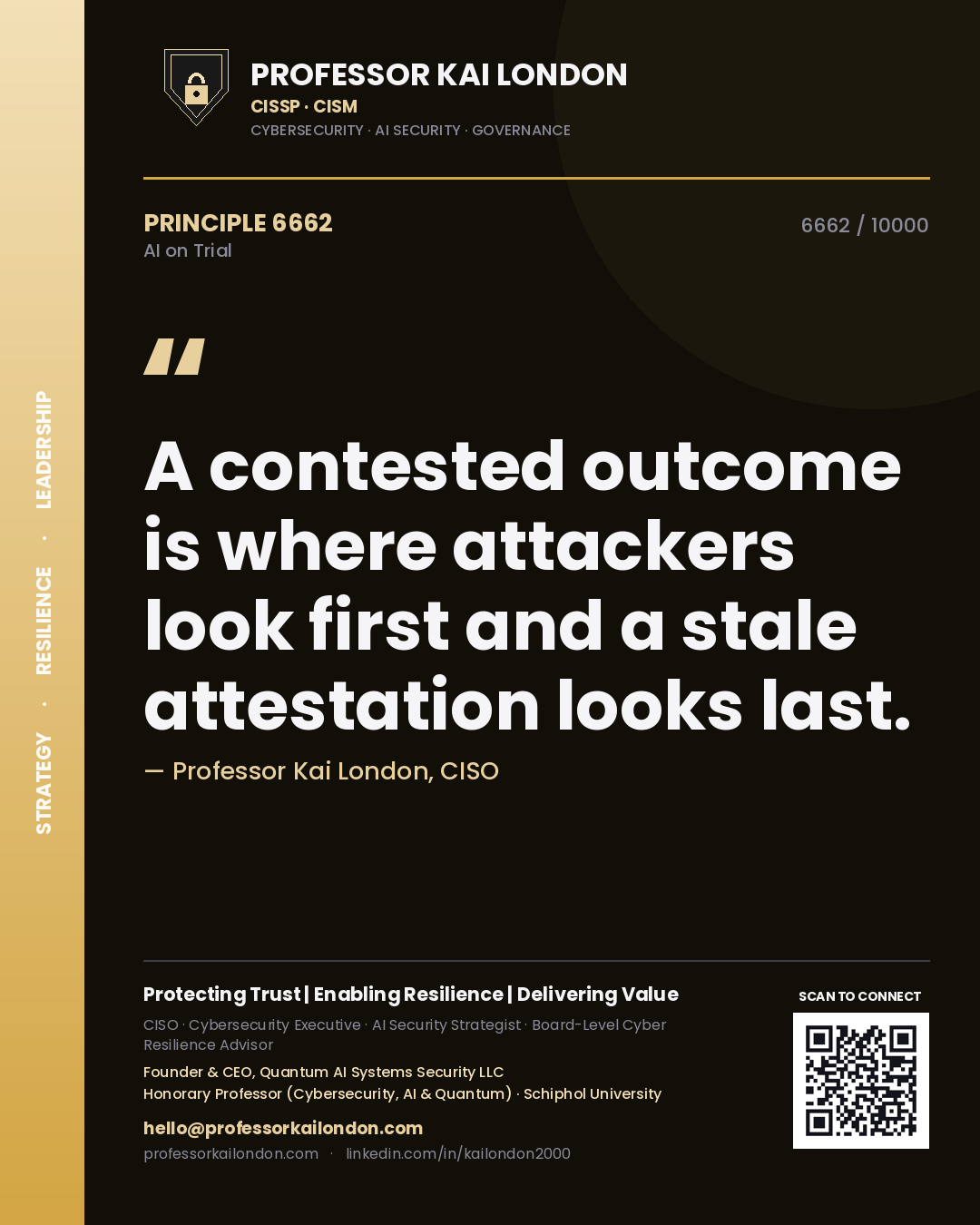 Quote card by Professor Kai London reading 'A contested outcome is where attackers look first and a stale attestation looks last.'. From the book AI on Trial.