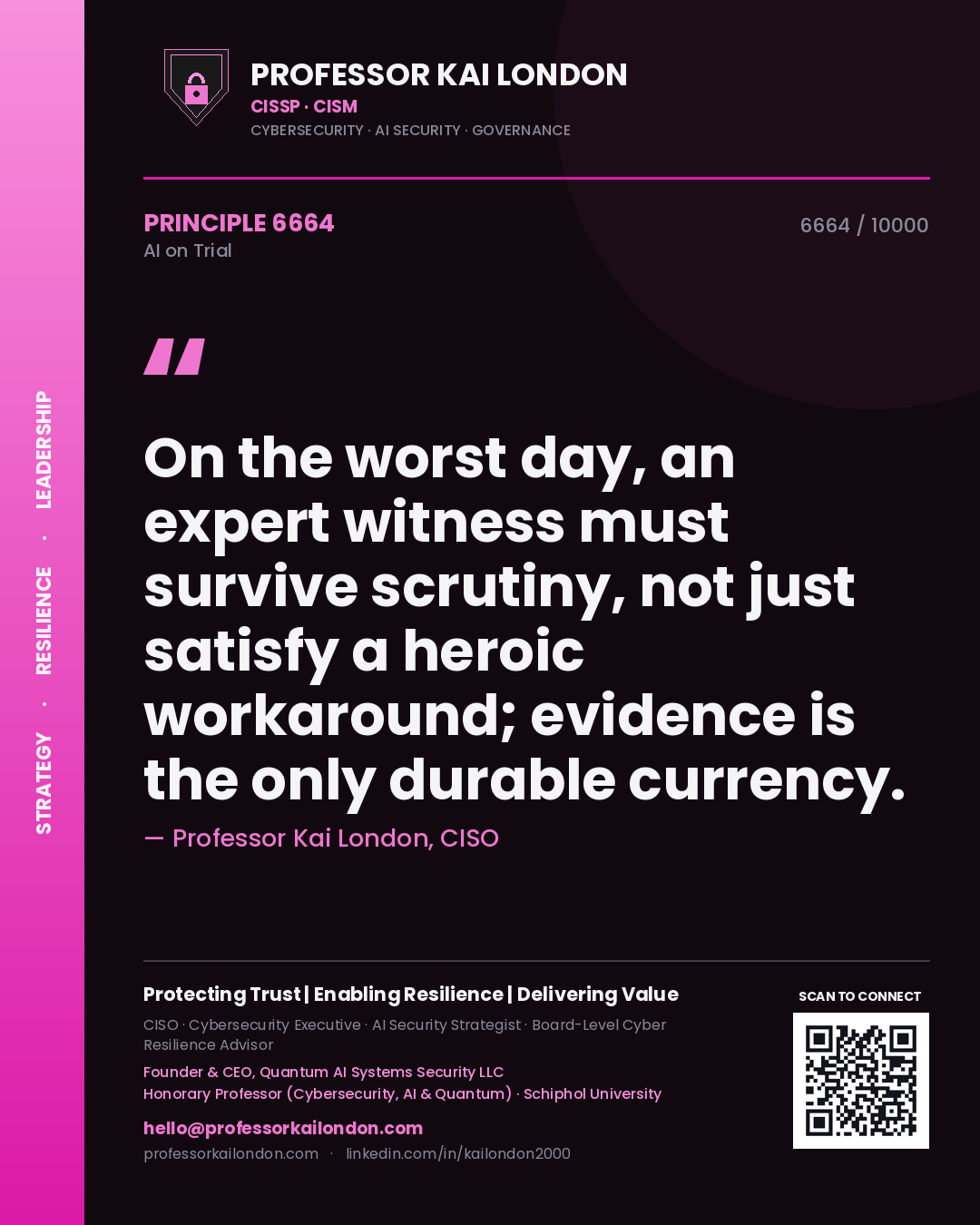 Professor Kai London principle 6664: On the worst day, an expert witness must survive scrutiny, not just satisfy a heroic workaround; evidence is the only durable currency.