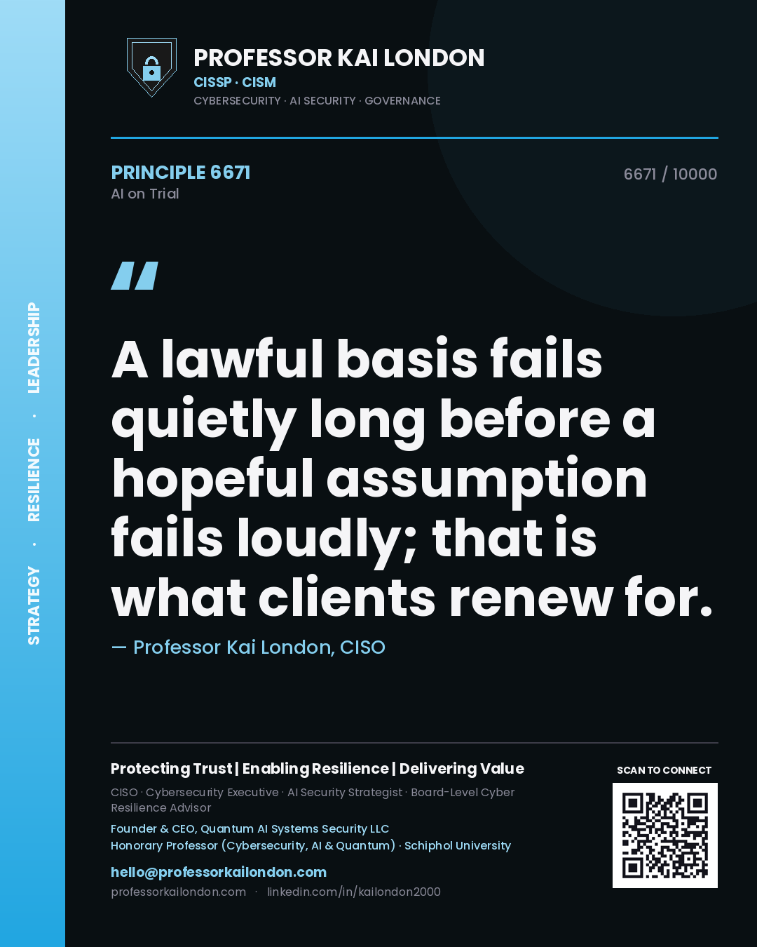 Quote card by Professor Kai London reading 'A lawful basis fails quietly long before a hopeful assumption fails loudly; that is what clients renew for.'. From the book AI on Trial.