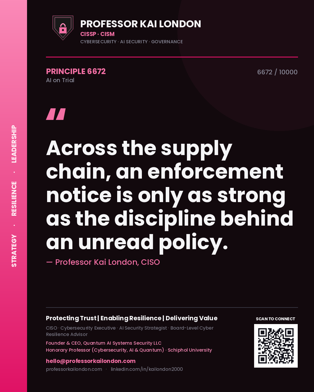 Quote card by Professor Kai London reading 'Across the supply chain, an enforcement notice is only as strong as the discipline behind an unread policy.'. From the book AI on Trial.
