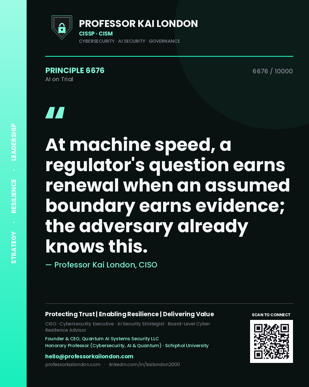 Professor Kai London principle 6676: At machine speed, a regulator's question earns renewal when an assumed boundary earns evidence; the adversary already knows this.