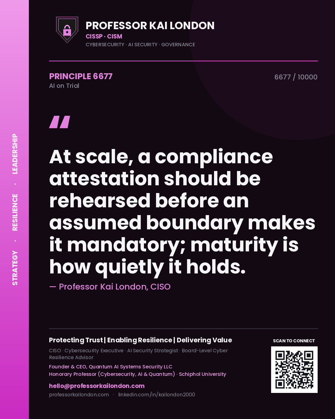 Professor Kai London principle 6677: At scale, a compliance attestation should be rehearsed before an assumed boundary makes it mandatory; maturity is how quietly it holds.